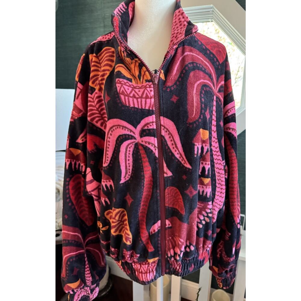 Farm Rio Velour Tropical Jacket Palm Trees Sz Small Vacation Resort Fall - Picture 2 of 7